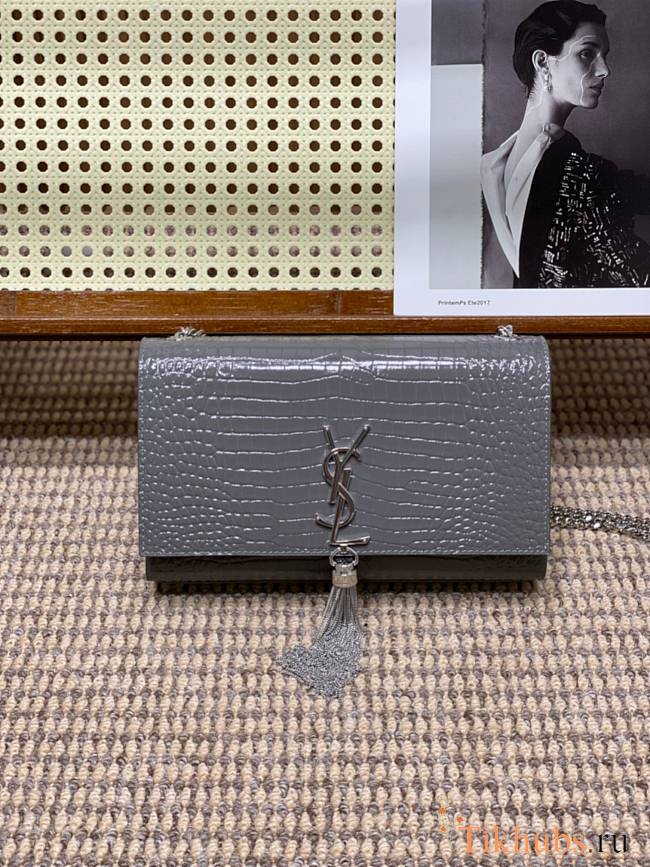 YSL Kate Bag Grey Silver Crocodile 24x14.5x5.5cm - 1