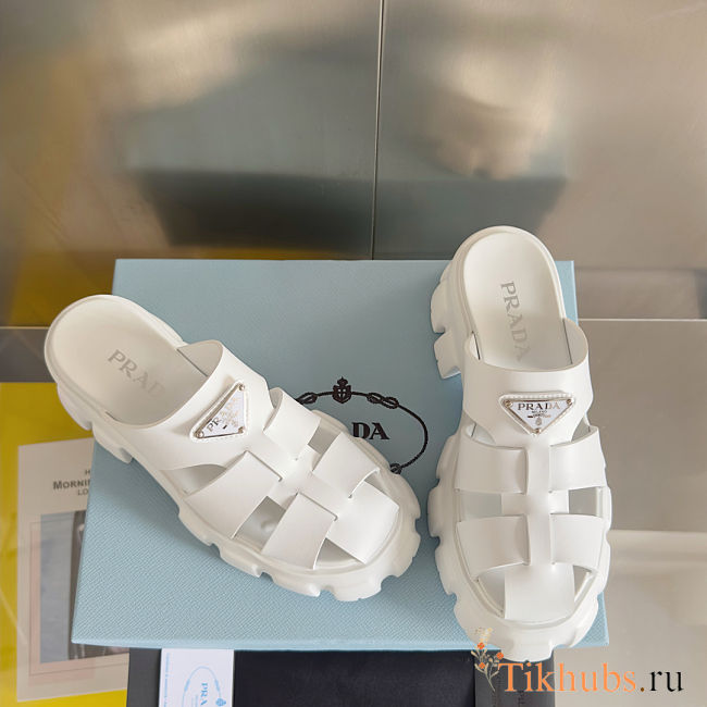 Prada White Rubber Monolith Slides - 1