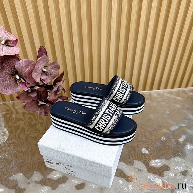 Dior Dway Platform Slide Navy Blue Embroidered Cotton - 1