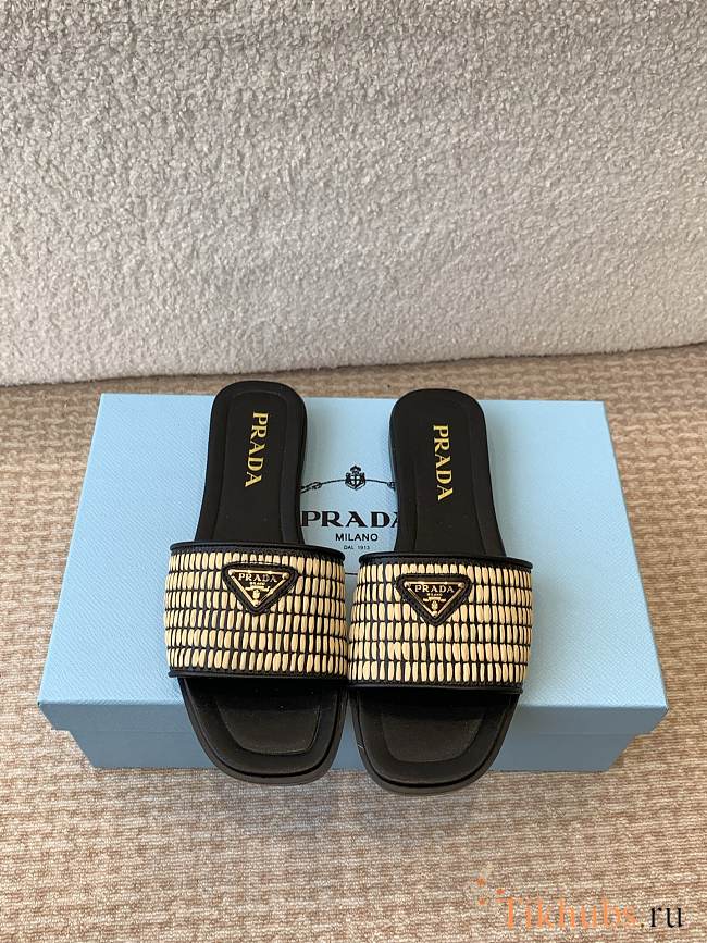 Prada Woven Black Slides - 1