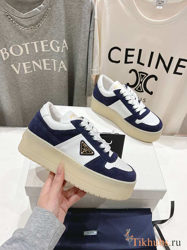 Prada Downtown Bold White Navy Blue Suede Sneakers - 1