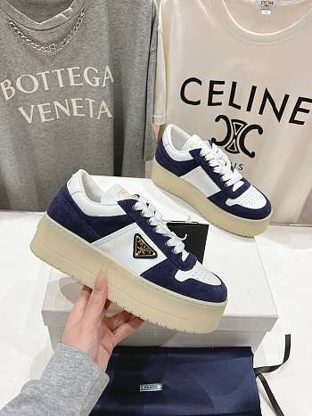 Prada Downtown Bold White Navy Blue Suede Sneakers