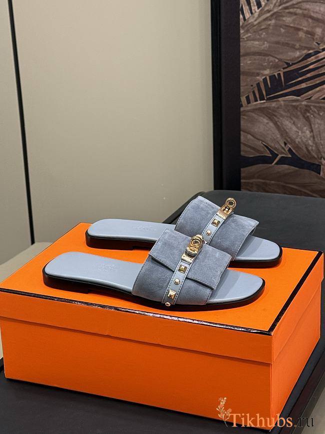 Hermes Giulia Blue Suede Sandal - 1