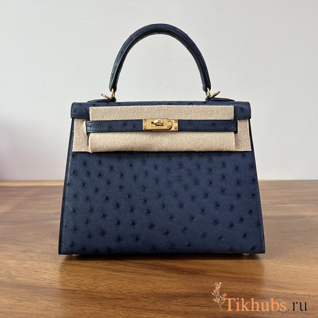 Hermes Kelly 25 Bag Navy Blue Ostrich Gold 25cm - 1