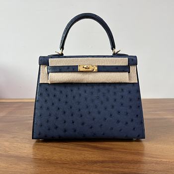Hermes Kelly 25 Bag Navy Blue Ostrich Gold 25cm