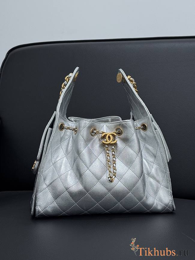 Chanel 25 Small Handbag Silver Calfskin Gold 30x26x14cm - 1