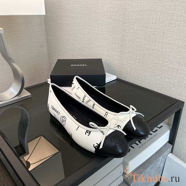 Chanel White Black Logo Ballerina Flat - 1