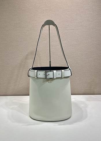 Prada Bucket Bag Belt Buckle Leather White 26.5x29x18cm
