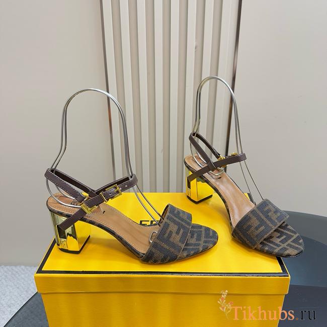 Fendi Delfina Brown FF Jacquard Sandals Heel 6.5cm - 1