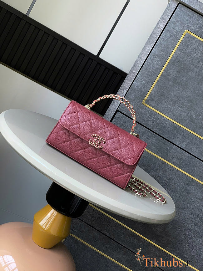 Chanel Flap Chain Bag Red Caviar Gold With Handle 18x10x4.5cm - 1