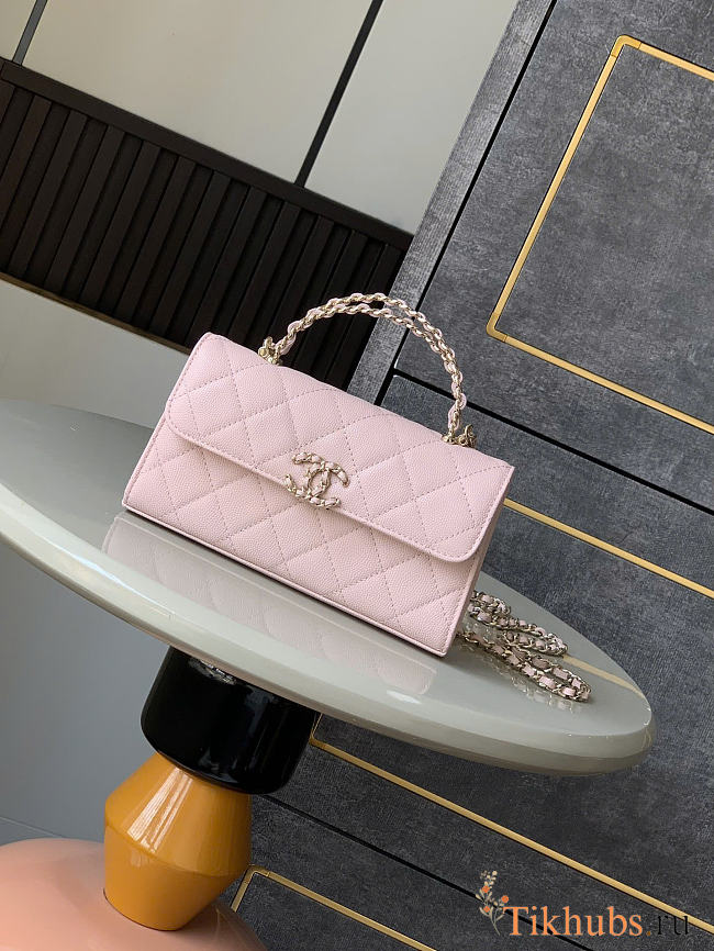 Chanel Flap Chain Bag Pink Caviar Gold With Handle 18x10x4.5cm - 1
