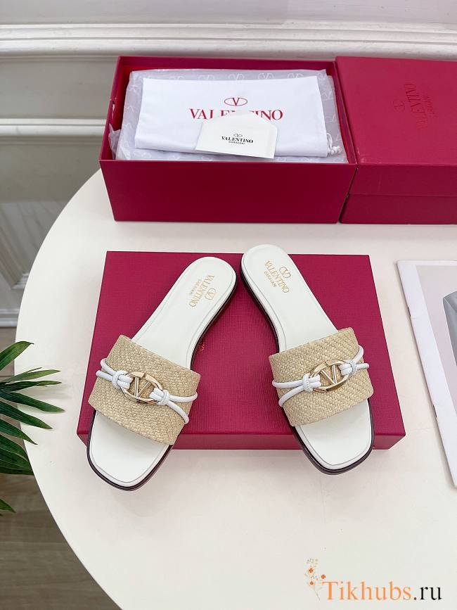 Valentino Garavani VLogo Raffia-trimmed White Slides - 1