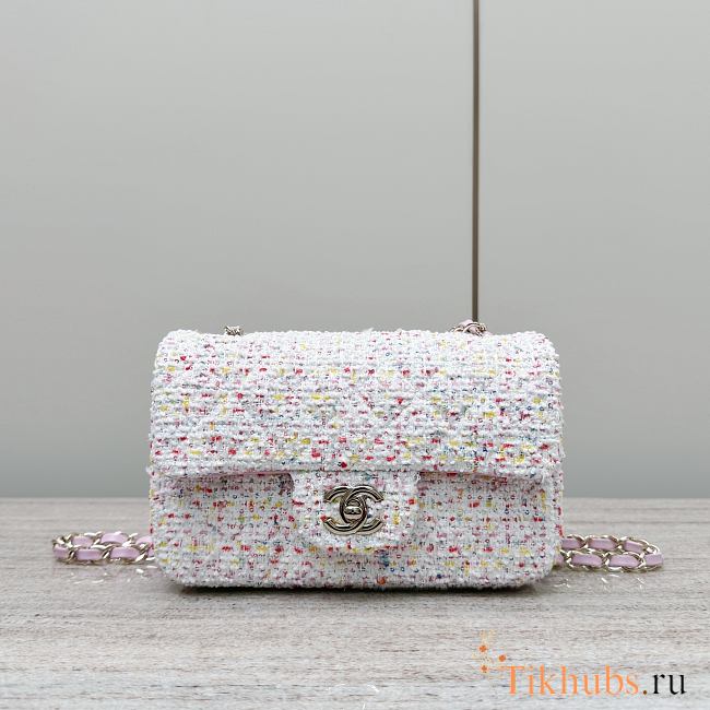 Chanel Mini Flap Bag Tweed Gold White Blue Pink 20x13x7cm - 1