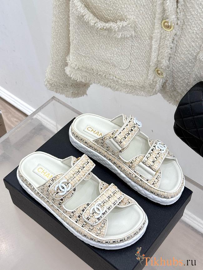Chanel White Tweed Sandal Slides - 1