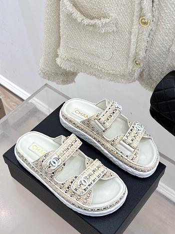 Chanel White Tweed Sandal Slides