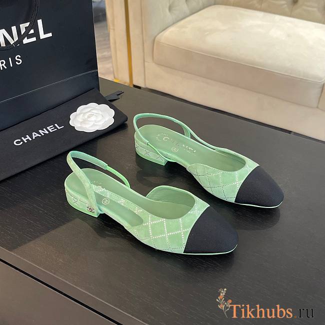 Chanel Slingback Green Suede Flat - 1