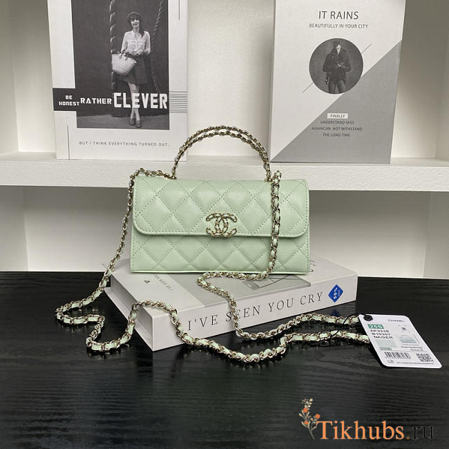 Chanel Flap Chain Bag Green Caviar Gold With Handle 18x10x4.5cm - 1
