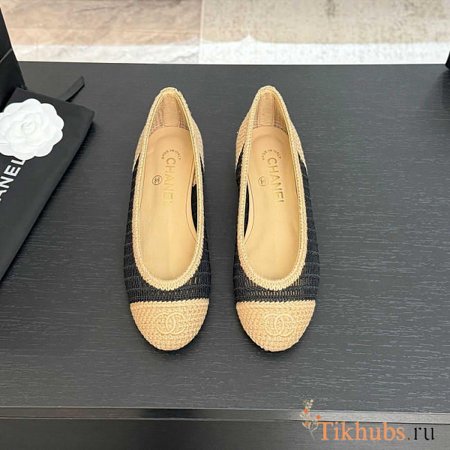 Chanel Flats Raffia Black Beige - 1