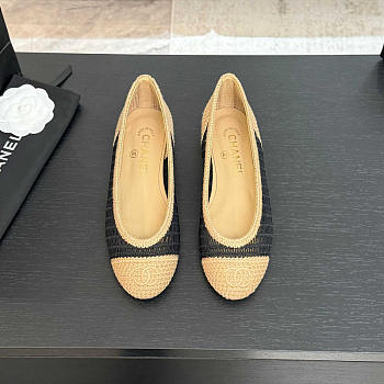 Chanel Flats Raffia Black Beige