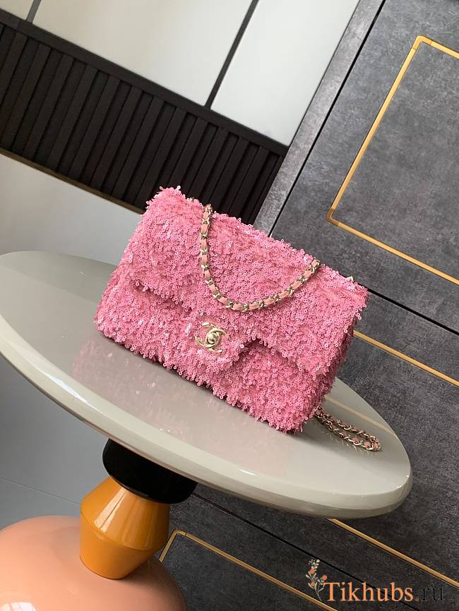 Chanel Flap Bag Pink Sequins 20cm - 1