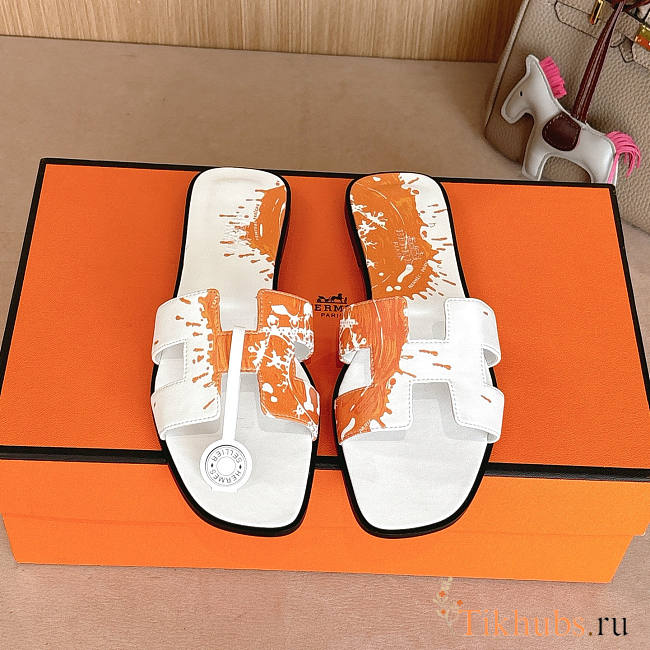 Hermes Oran White Orange Slides - 1