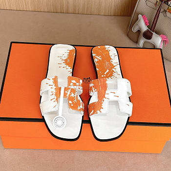 Hermes Oran White Orange Slides