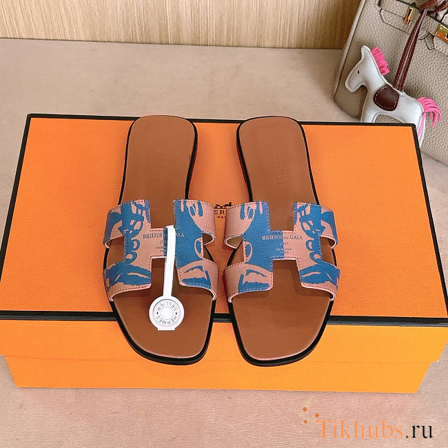 Hermes Oran Brown Blue Slides - 1
