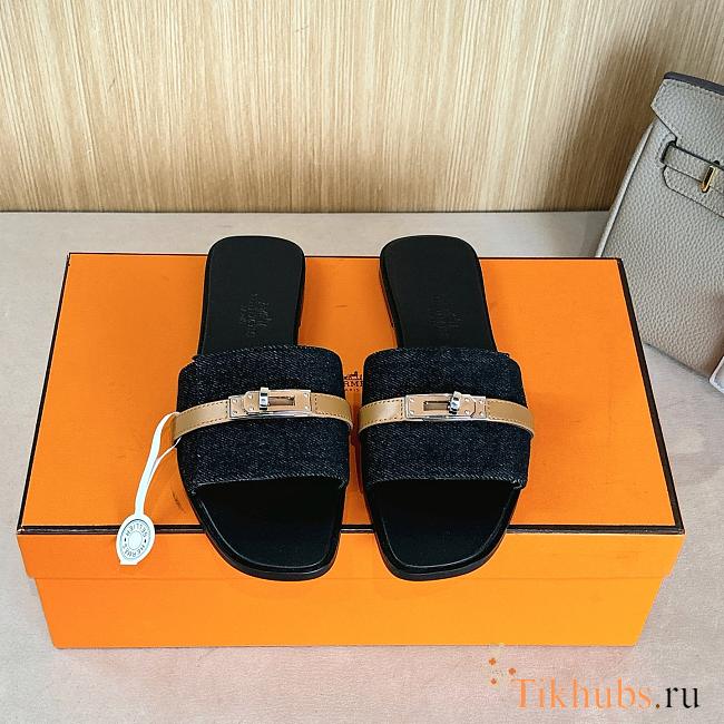 Hermes Gabriel Black Denim Slides - 1