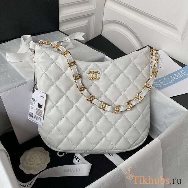 Chanel Hobo Bag White Gold Lambskin 30x26x7cm - 1