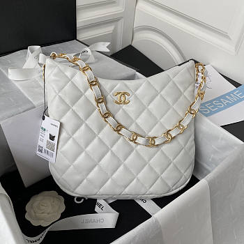 Chanel Hobo Bag White Gold Lambskin 30x26x7cm