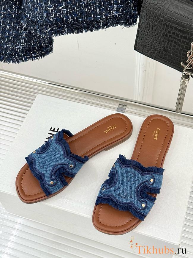 Celine Triomphe Blue Denim Slides - 1
