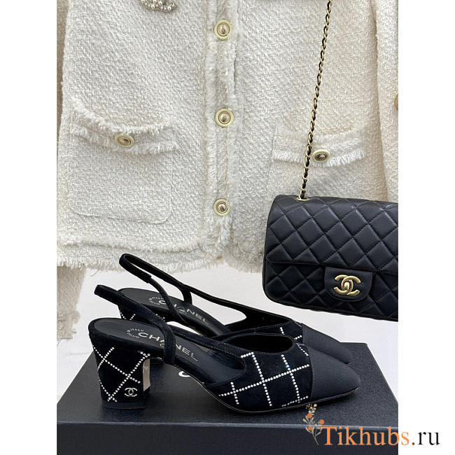 Chanel Slingbacks Black Oatskin Grosgrain Low 6cm - 1