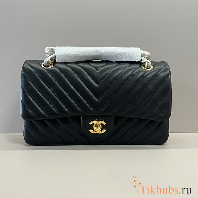 Chanel Medium Flap Bag Chevron Lambskin Black Gold 25cm - 1