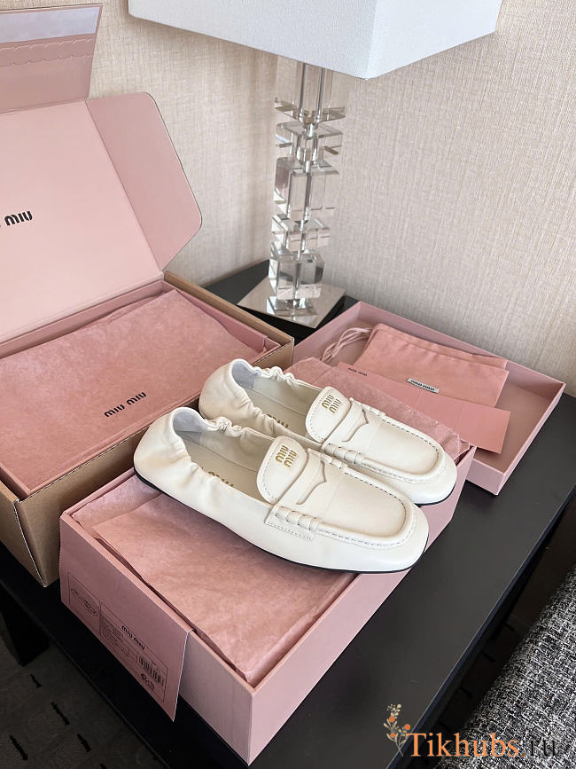 Miu Miu Ruches Nappa Leather White Loafers - 1