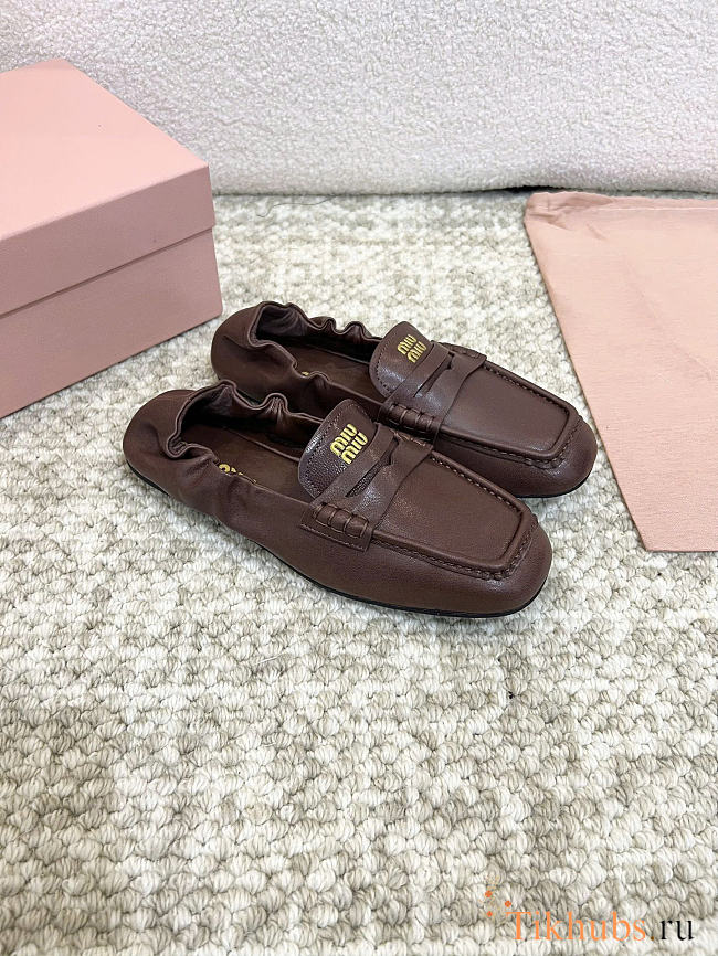 Miu Miu Ruches Nappa Leather Brown Loafers - 1