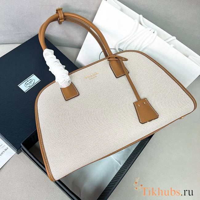 Prada Medium Linen Blend Leather Tan Tote Bag 35x22.5x18cm - 1