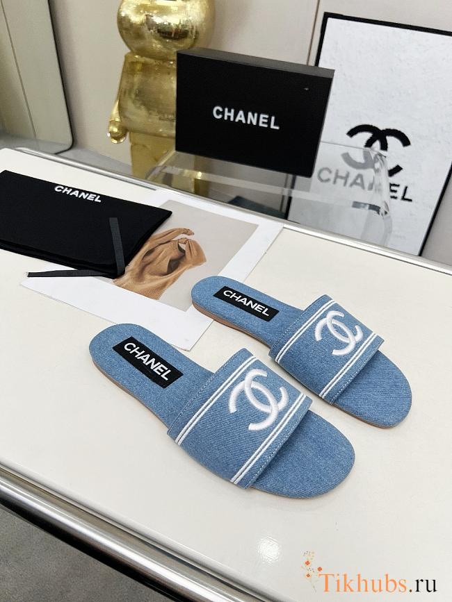 Chanel Blue Denim Slides - 1