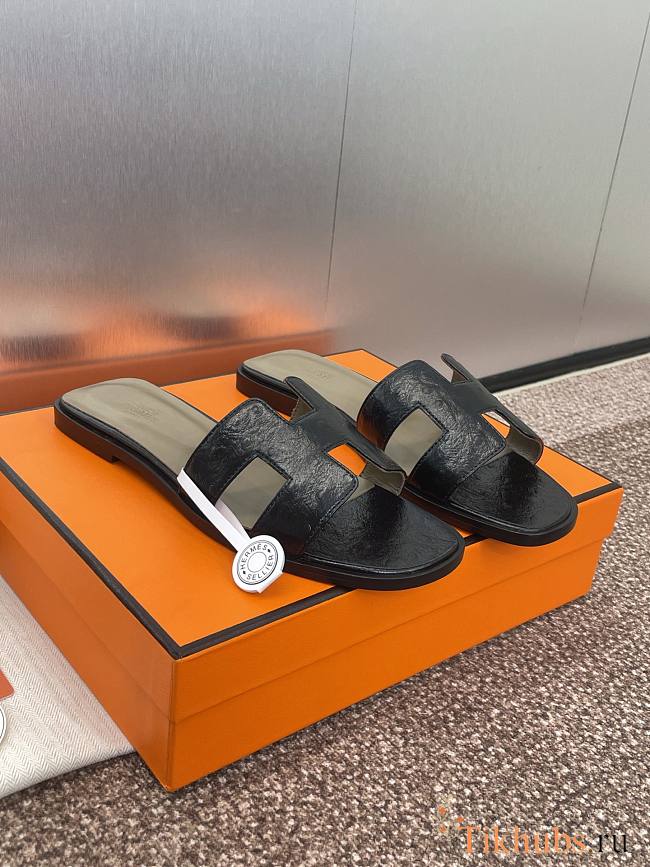 Hermes Oran Black Ostrich Slides - 1