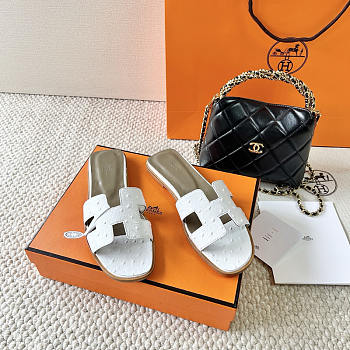Hermes Oran White Ostrich Slides