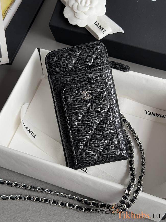 Chanel Phone Holder Crossbody Caviar Silver Black 18x9.5x3cm - 1
