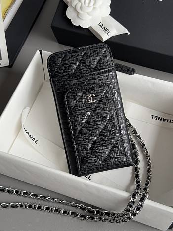 Chanel Phone Holder Crossbody Caviar Silver Black 18x9.5x3cm