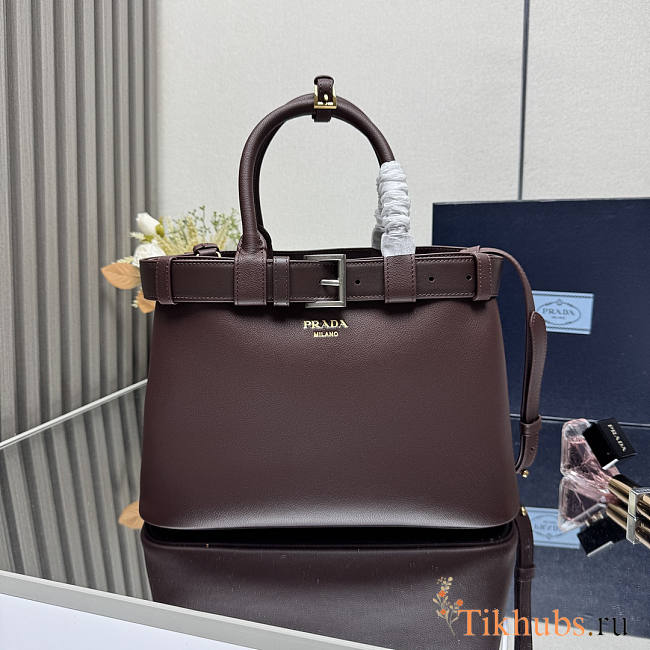 Prada Buckle Medium Leather Handbag With Belt Red Wine 32x23x11cm - 1