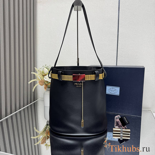 Prada Buckle Leather Bucket Bag Jeweled Belt Black 26.5x29x18cm - 1