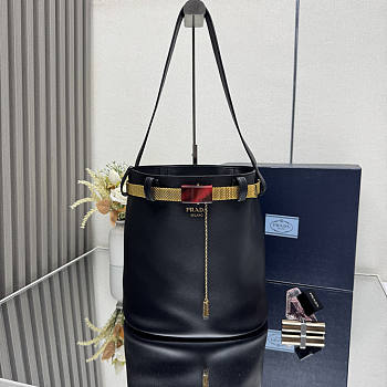 Prada Buckle Leather Bucket Bag Jeweled Belt Black 26.5x29x18cm