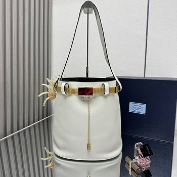 Prada Buckle Leather Bucket Bag Jeweled Belt White 26.5x29x18cm