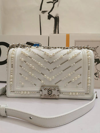 Chanel Leboy Bag Pearl Chevron White 25cm