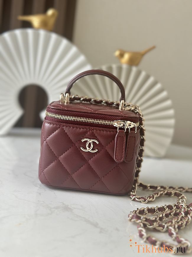 Chanel Mini Top Handle Vanity Red Wine Gold Lambskin 11x8.5x7cm - 1