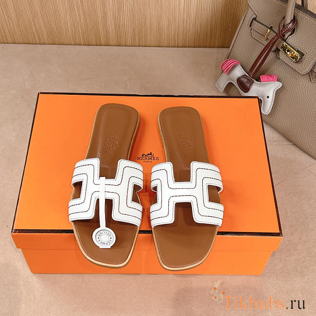 Hermes Oran Embroidered Calfskin Sandal White & Brown - 1
