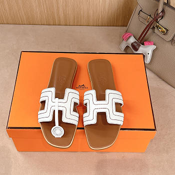 Hermes Oran Embroidered Calfskin Sandal White & Brown