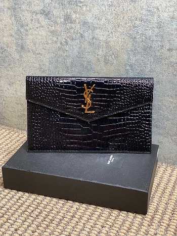 YSL Uptown Pouch In Crocodile Black Gold 27x16x2cm